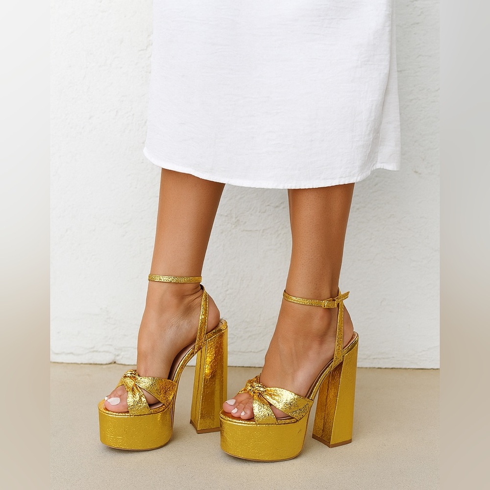 Lulus Bow Platform Ankle Strap Heels Gold Metallic Size 7M - Picture 13 of 13